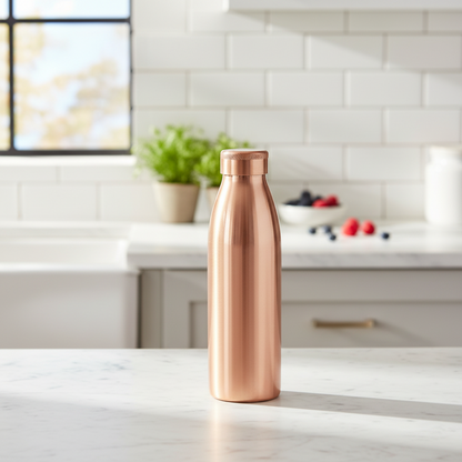 Copper water bottle on a kitchen counter with a blurred background
