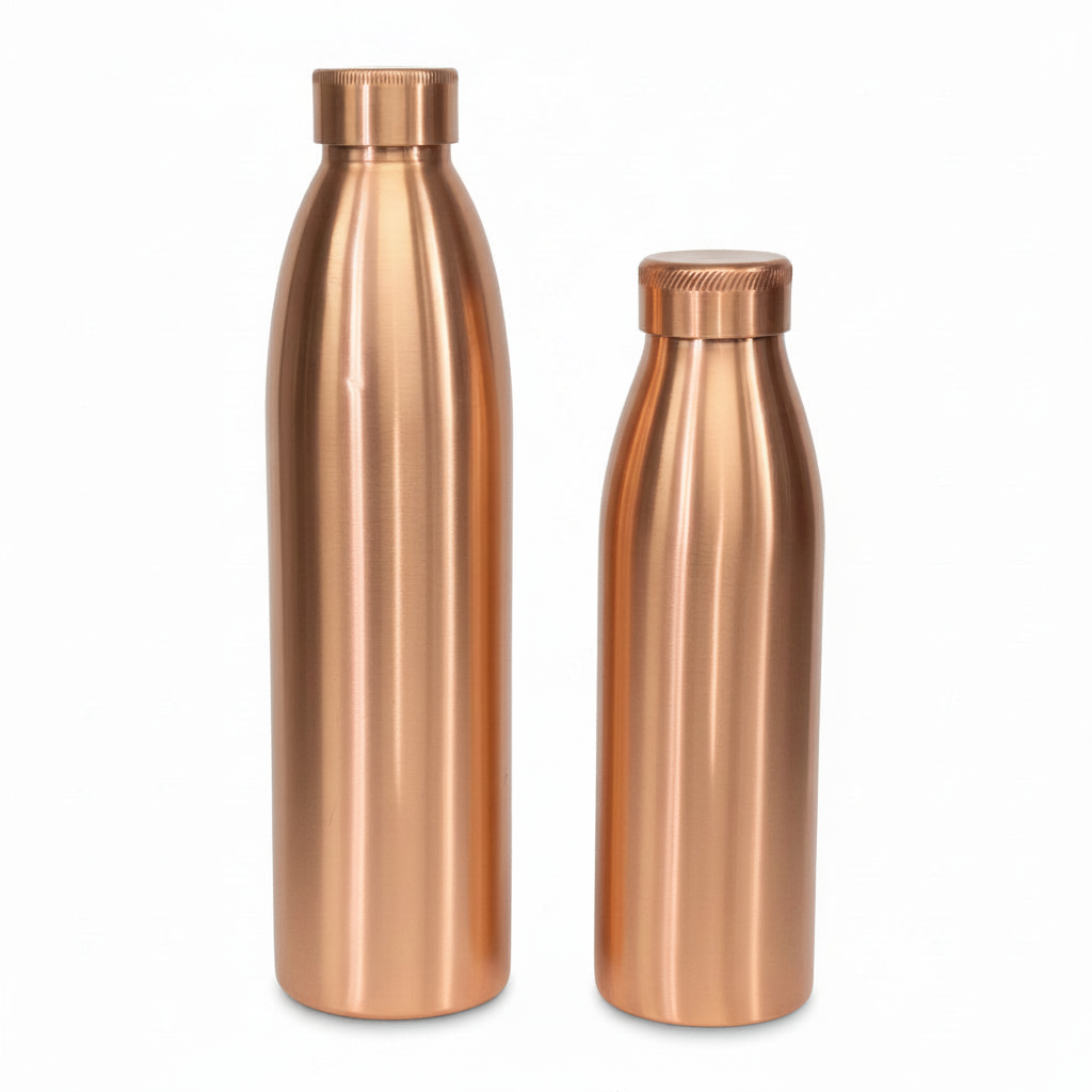Two copper-colored water bottles on a white background