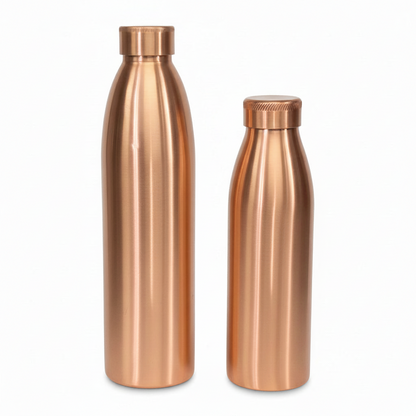 Two copper-colored water bottles on a white background