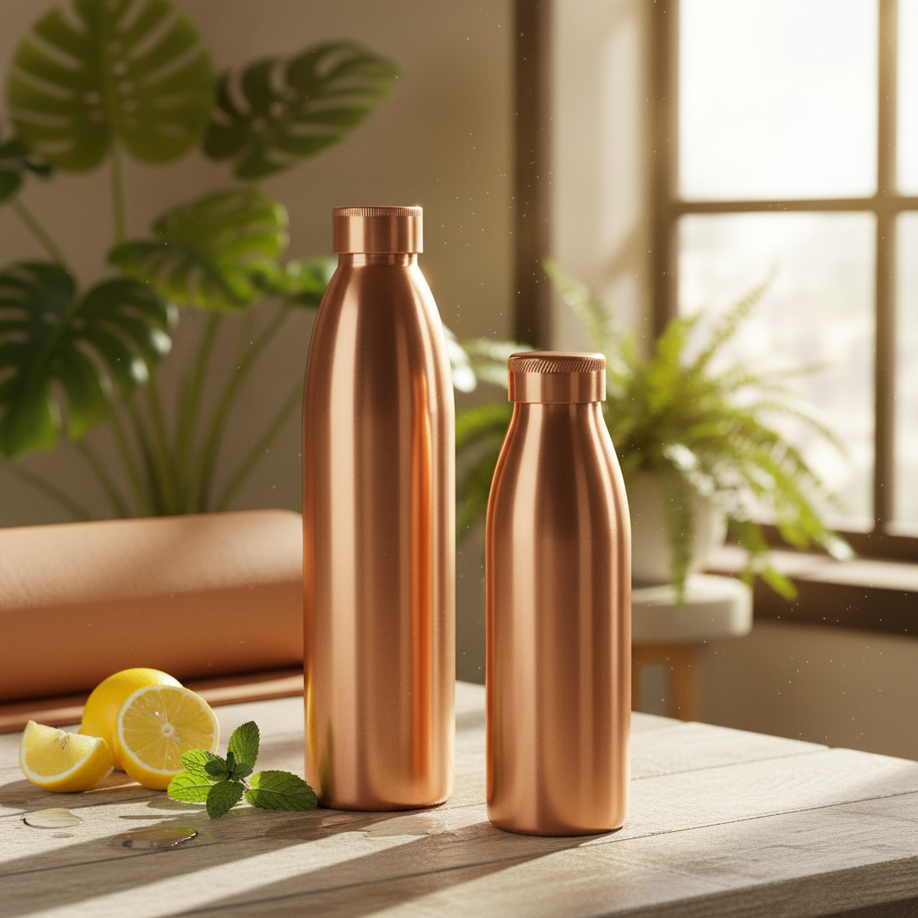 Two copper bottles on a wooden surface with lemons and mint leaves, near a window with plants in the background.