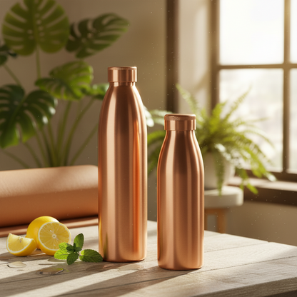 Two copper bottles on a wooden surface with lemons and mint leaves, near a window with plants in the background.
