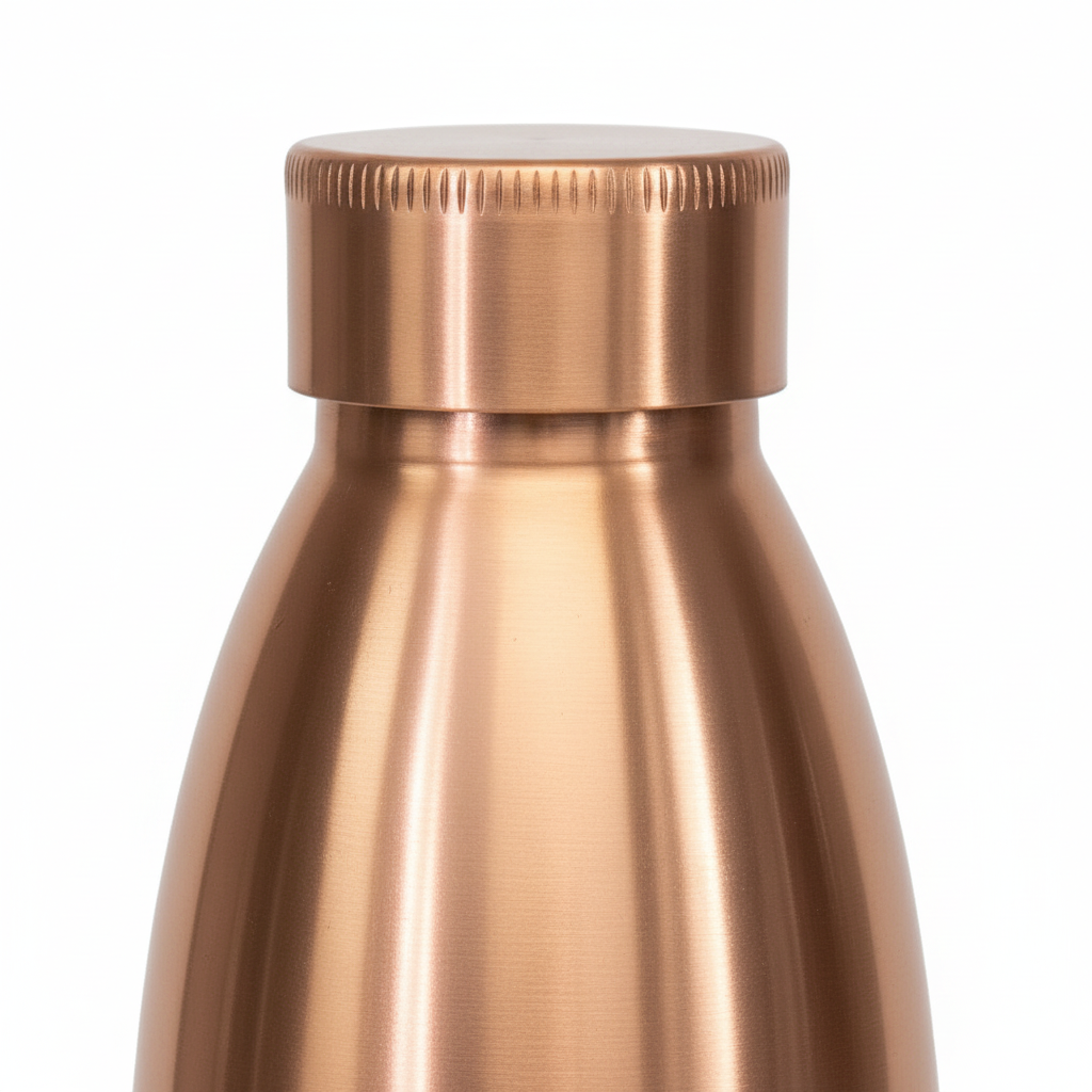 Copper-colored water bottle with a cap on a white background