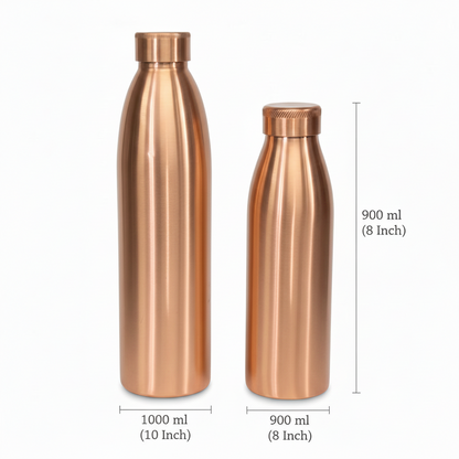 Two copper-colored water bottles with measurements on a white background