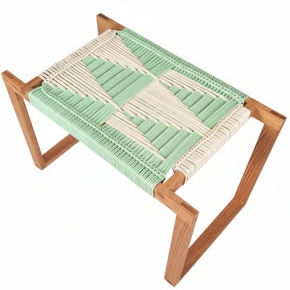 Wooden stool with a green and white woven seat on a gray background