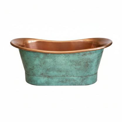 Copper bathtub with green patina on a wooden floor