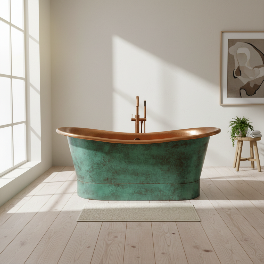 Green freestanding bathtub in a bright bathroom with wooden floor and large window.