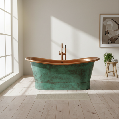 Green freestanding bathtub in a bright bathroom with wooden floor and large window.