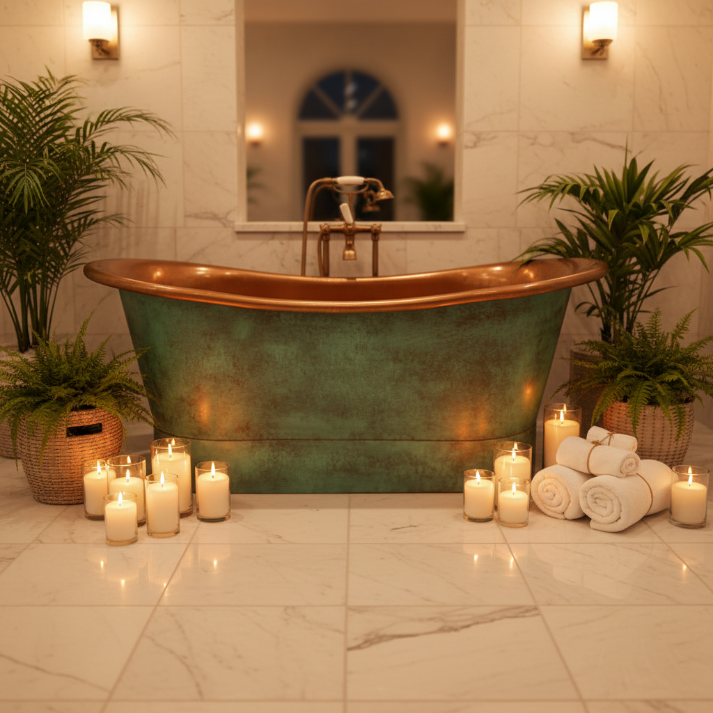 Decorative bathroom with a copper bathtub, candles, and plants.