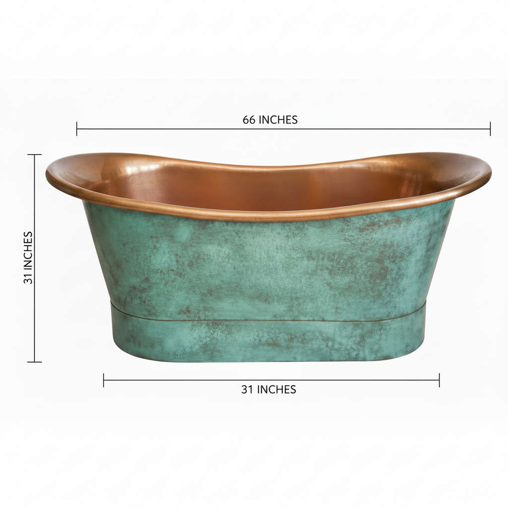 Copper and green bathtub with dimensions on a white background
