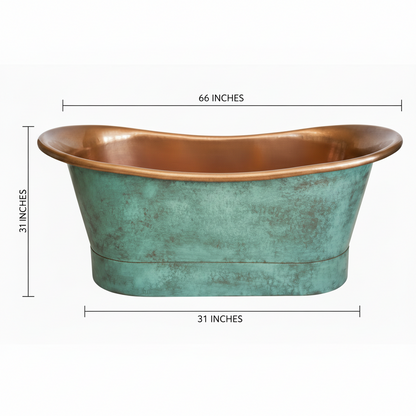 Copper and green bathtub with dimensions on a white background