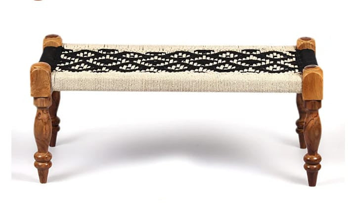 Handcrafted Natural Wooden Rope Bench – Black & White