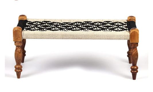 Handcrafted Natural Wooden Rope Bench – Black & White