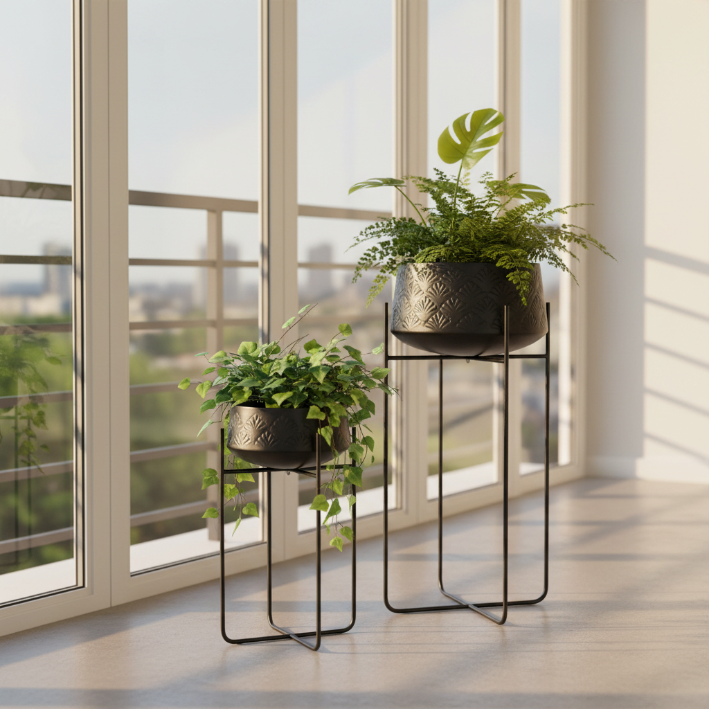 Two black metal plant stands with potted plants in a modern room with large windows.