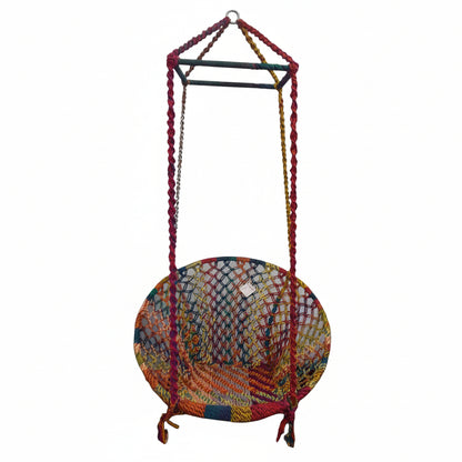 Colorful woven swing with a metal frame on a white background