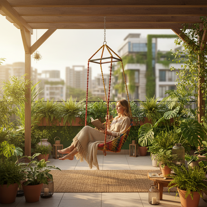 Woman reading a book on a swing in a lush, urban garden setting.
