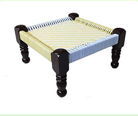 Handcrafted Wooden Low Stool – Yellow & White
