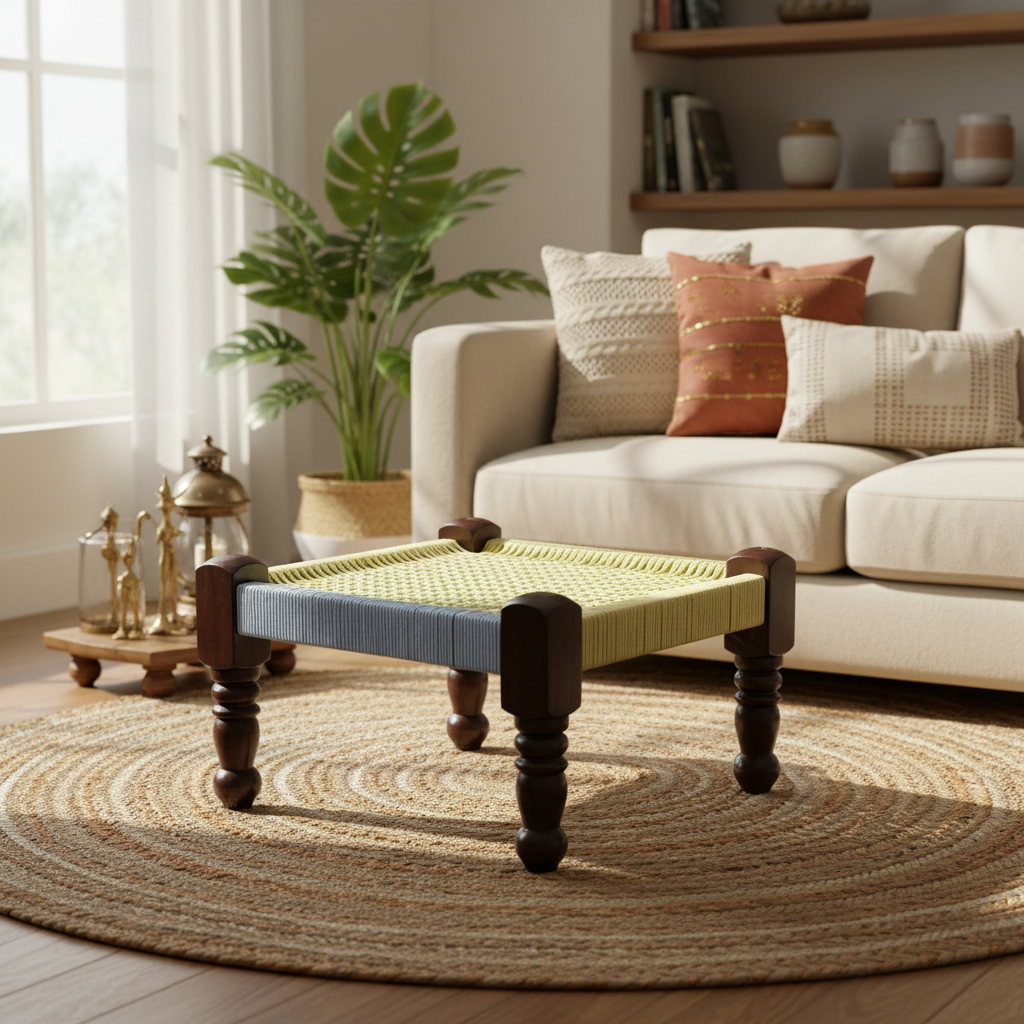 Living room with a coffee table, sofa, and decorative items.