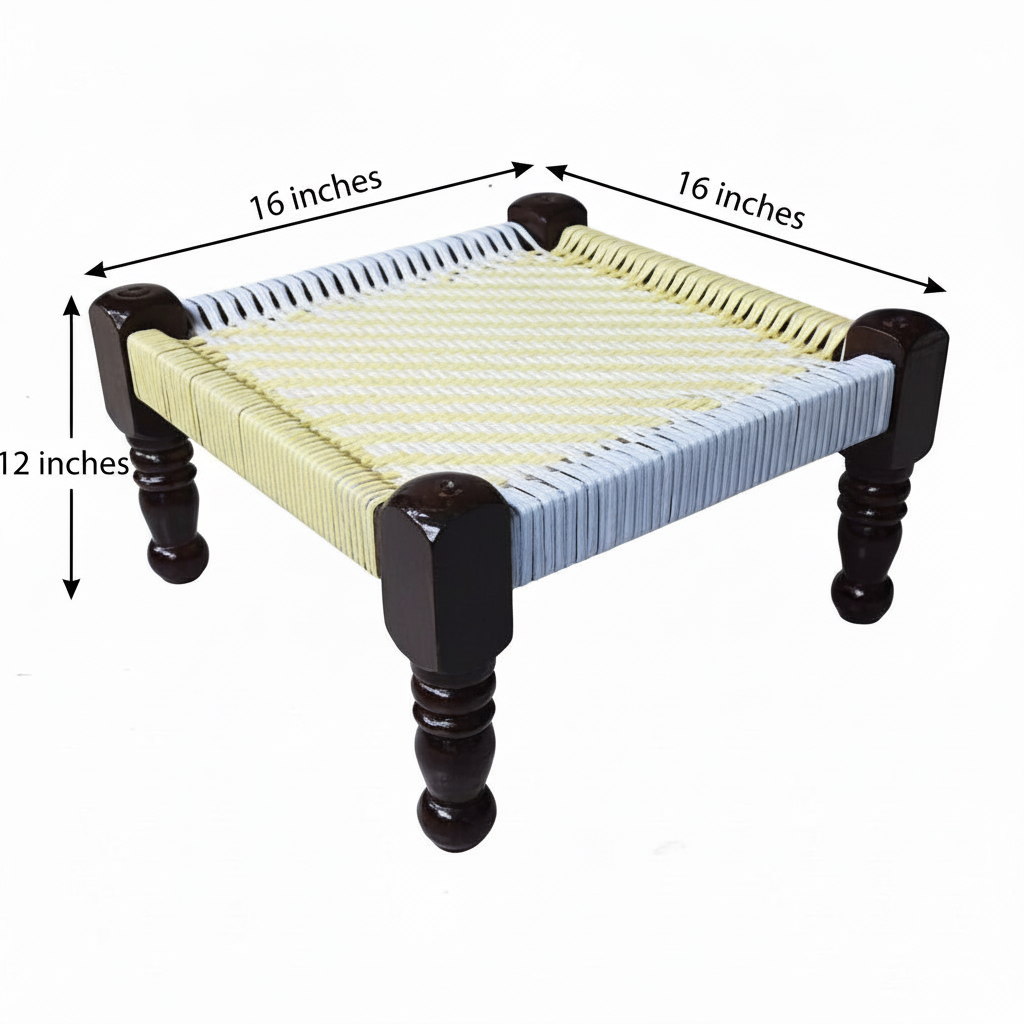 Woven stool with dimensions labeled on a white background