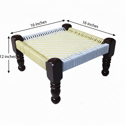 Woven stool with dimensions labeled on a white background