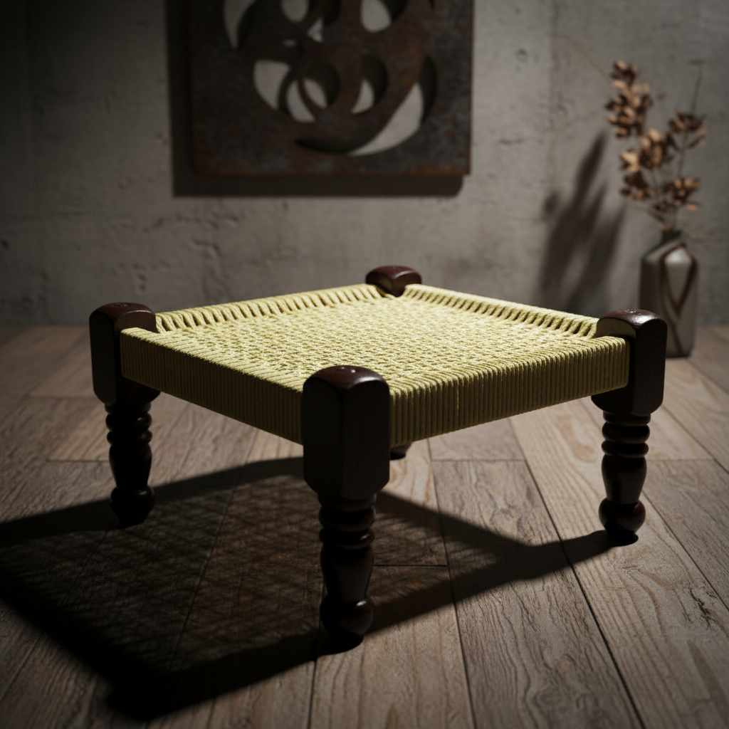 Small woven stool with dark wooden legs on a wooden floor.