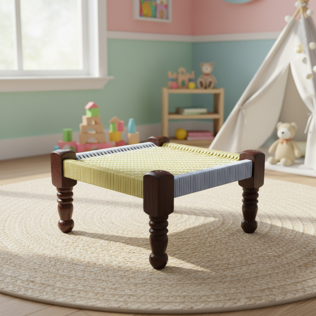 Children's play area with a small wooden table and toys in a room with colorful walls.