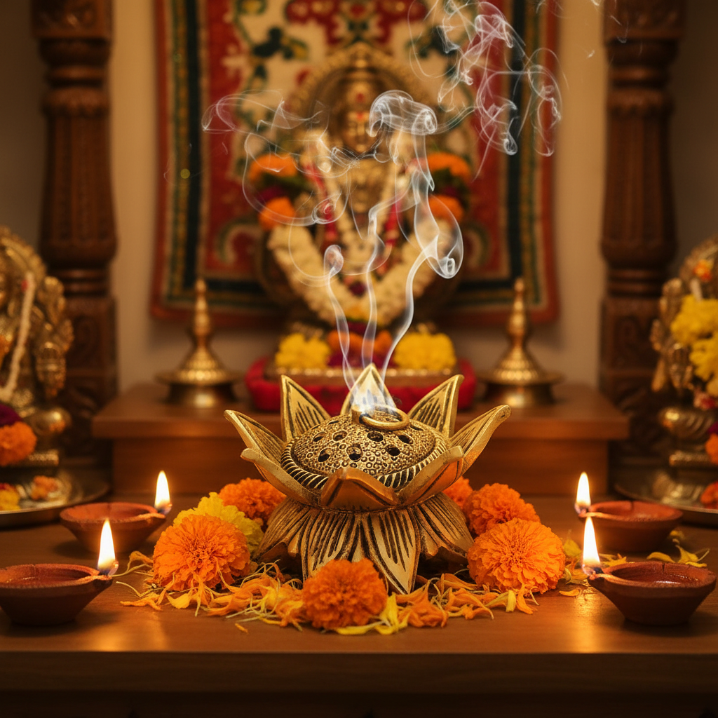Decorative setup with a lotus-shaped incense burner, flowers, and candles on a wooden table.