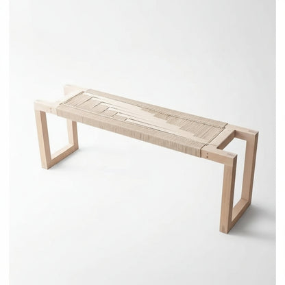 Wooden bench with woven seat on a white background
