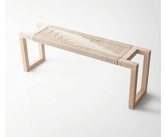 Handcrafted Wooden Bench with Natural Rope – White
