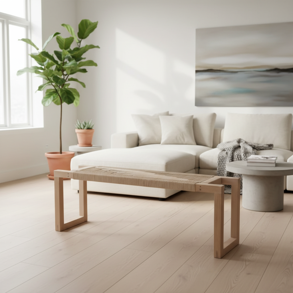 Modern living room with white sofa, wooden coffee table, and decorative plants.