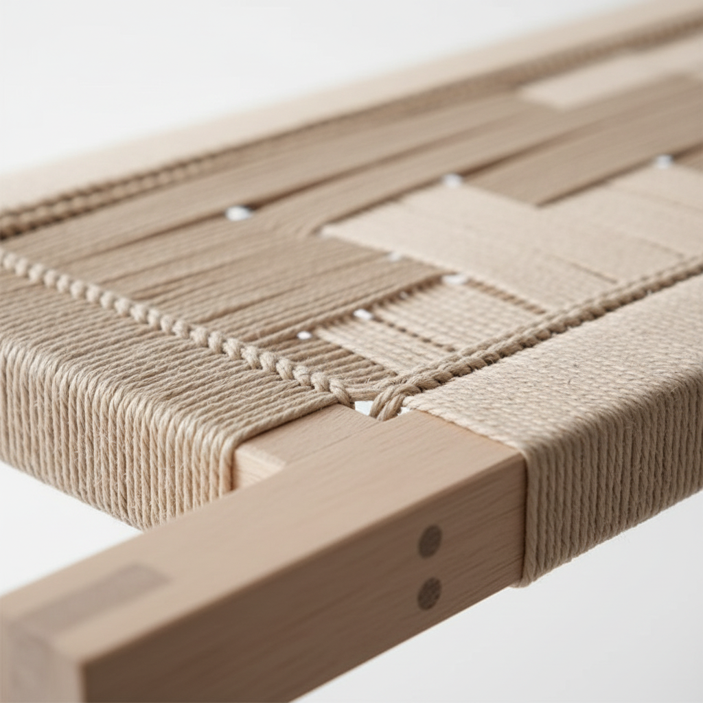 Close-up of a woven wooden bench with a white background