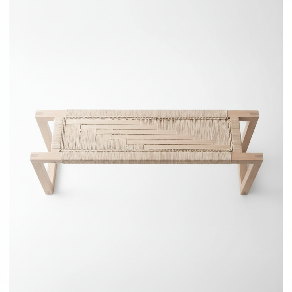 Wooden bench with woven seat on a white background