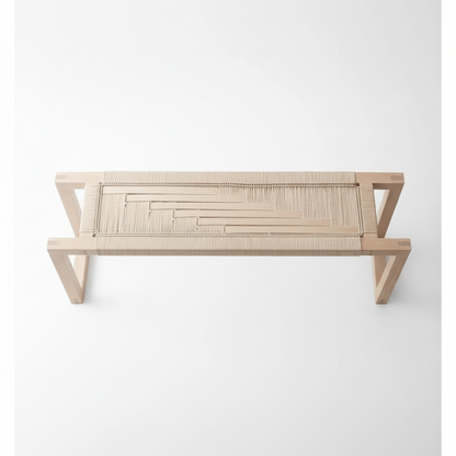Wooden bench with woven seat on a white background