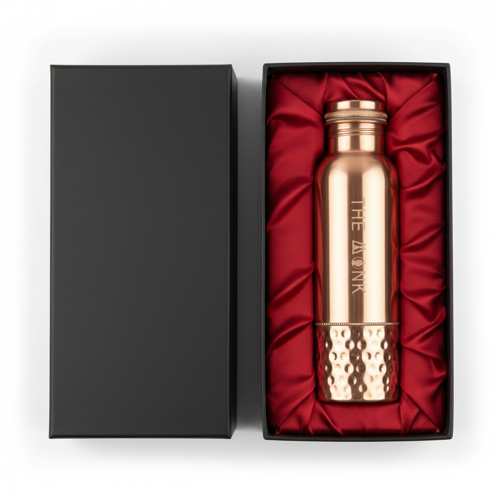Rose gold water bottle with 'The Avana' branding in a black box with red interior