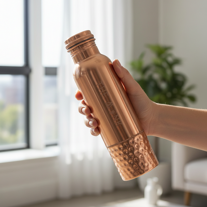 Copper water bottle held by a hand in a bright room with a plant in the background