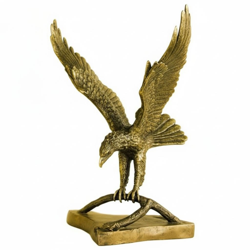 Bronze statue of an eagle with outstretched wings on a white background