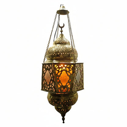 Decorative hanging lantern with intricate designs on a white background