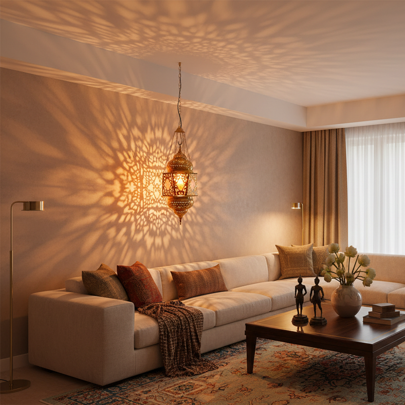 Cozy living room with a beige sofa, decorative pillows, and a hanging lamp casting shadows on the wall.