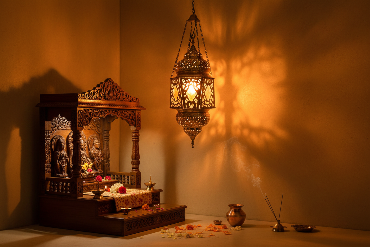 Decorative altar with a lit lamp and intricate designs in a warm-toned room.
