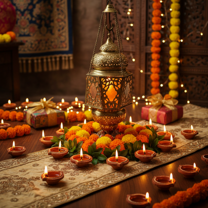 Decorative setup with lit candles, lantern, and flowers on a tablecloth.