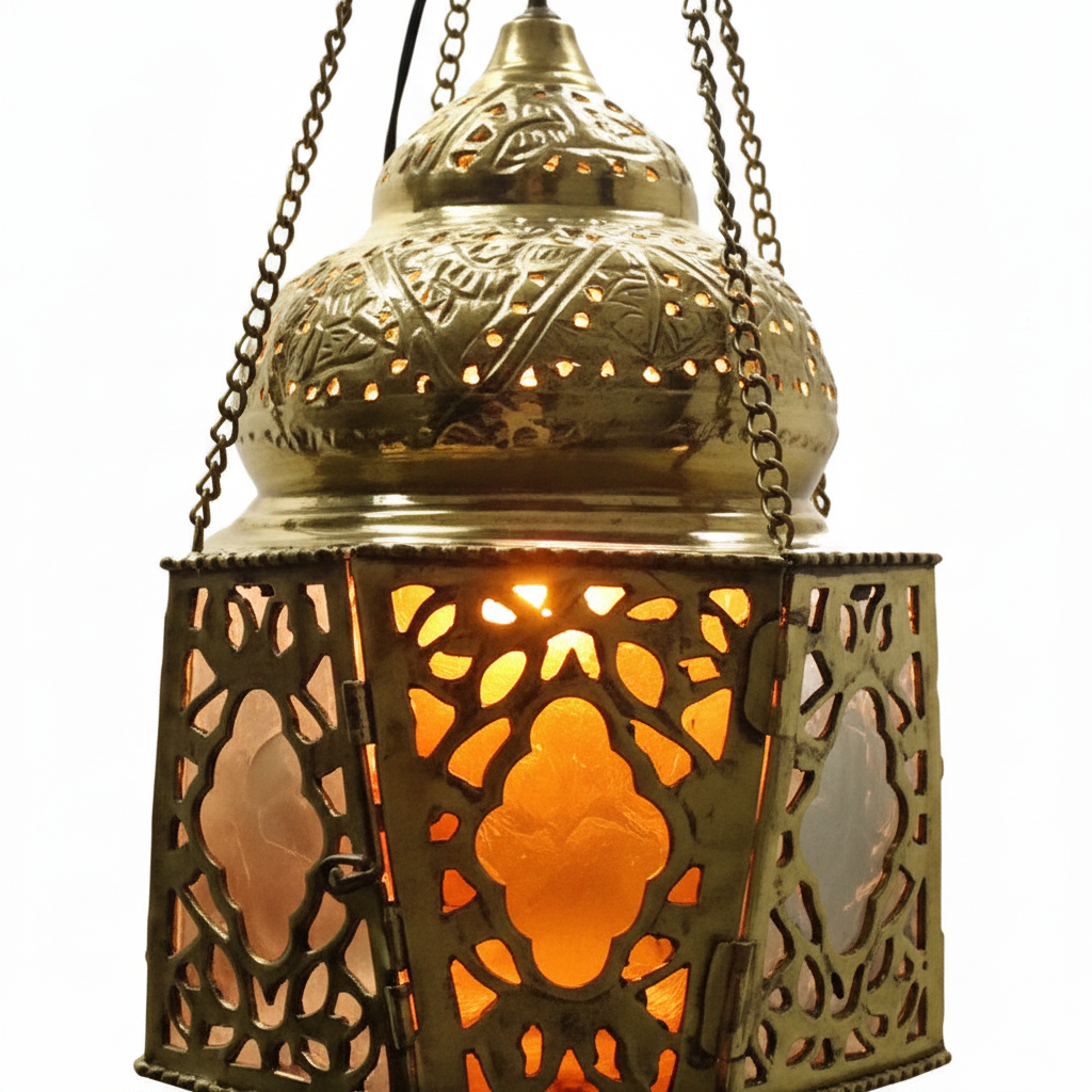 Decorative lantern with intricate patterns and a warm glow on a white background