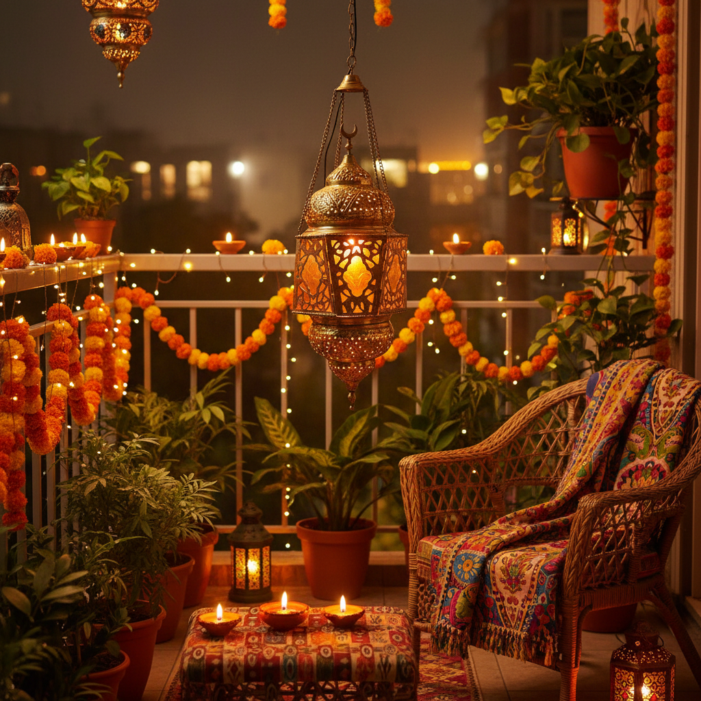 Decorative outdoor setting with lanterns, candles, and plants on a balcony at night.