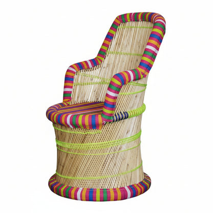 Wicker basket with colorful striped pattern on a white background