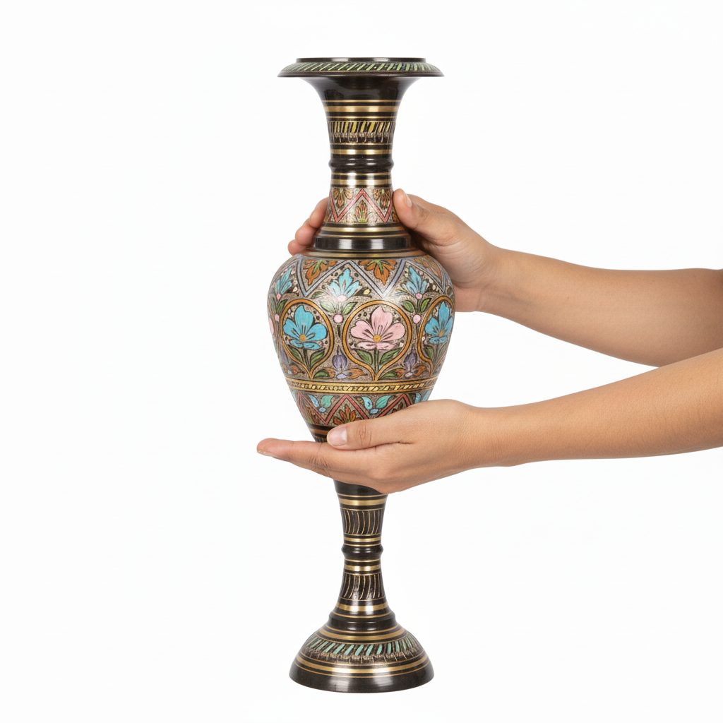 Decorative vase held by a hand on a white background