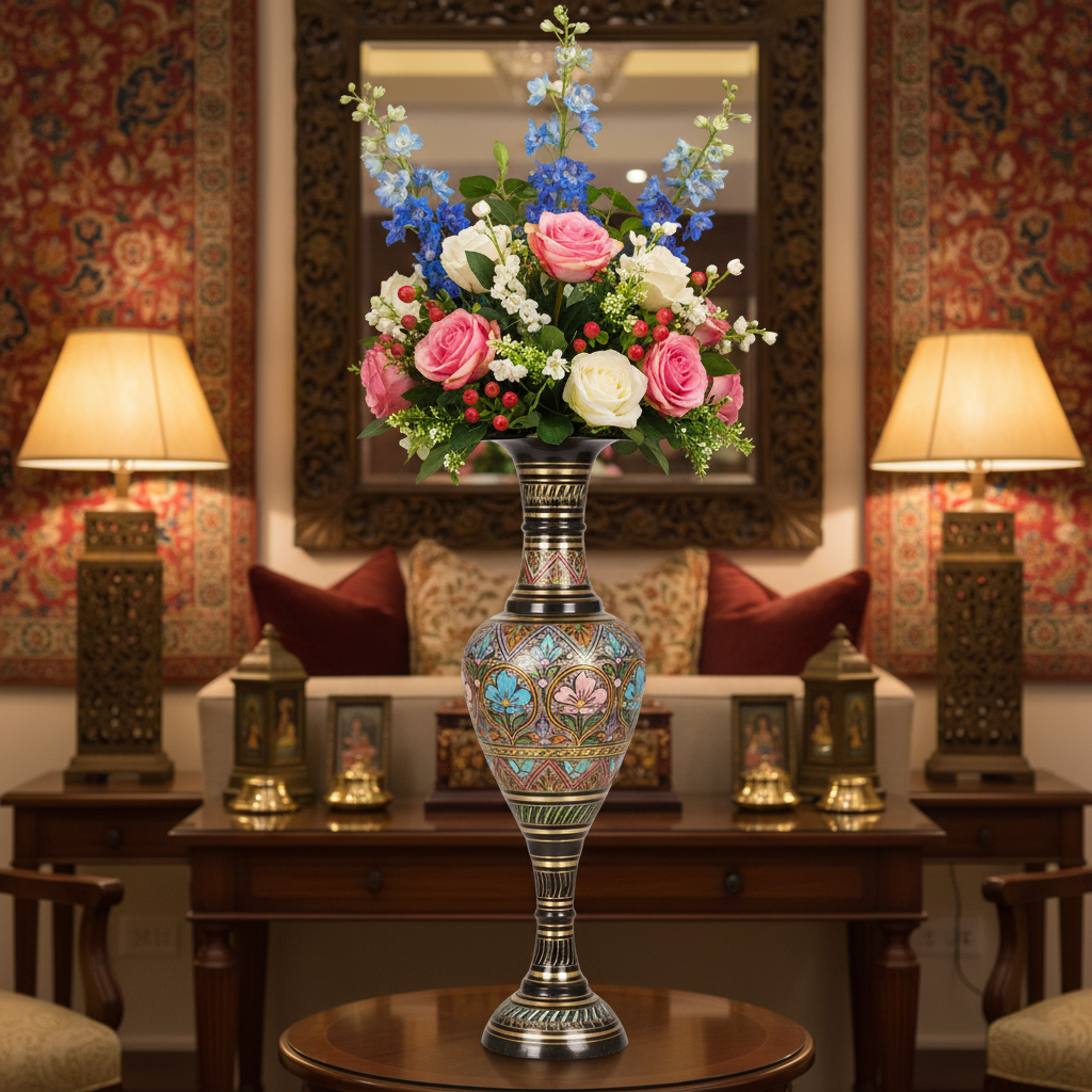 Decorative vase with flowers on a table in a room with ornate walls and lamps.
