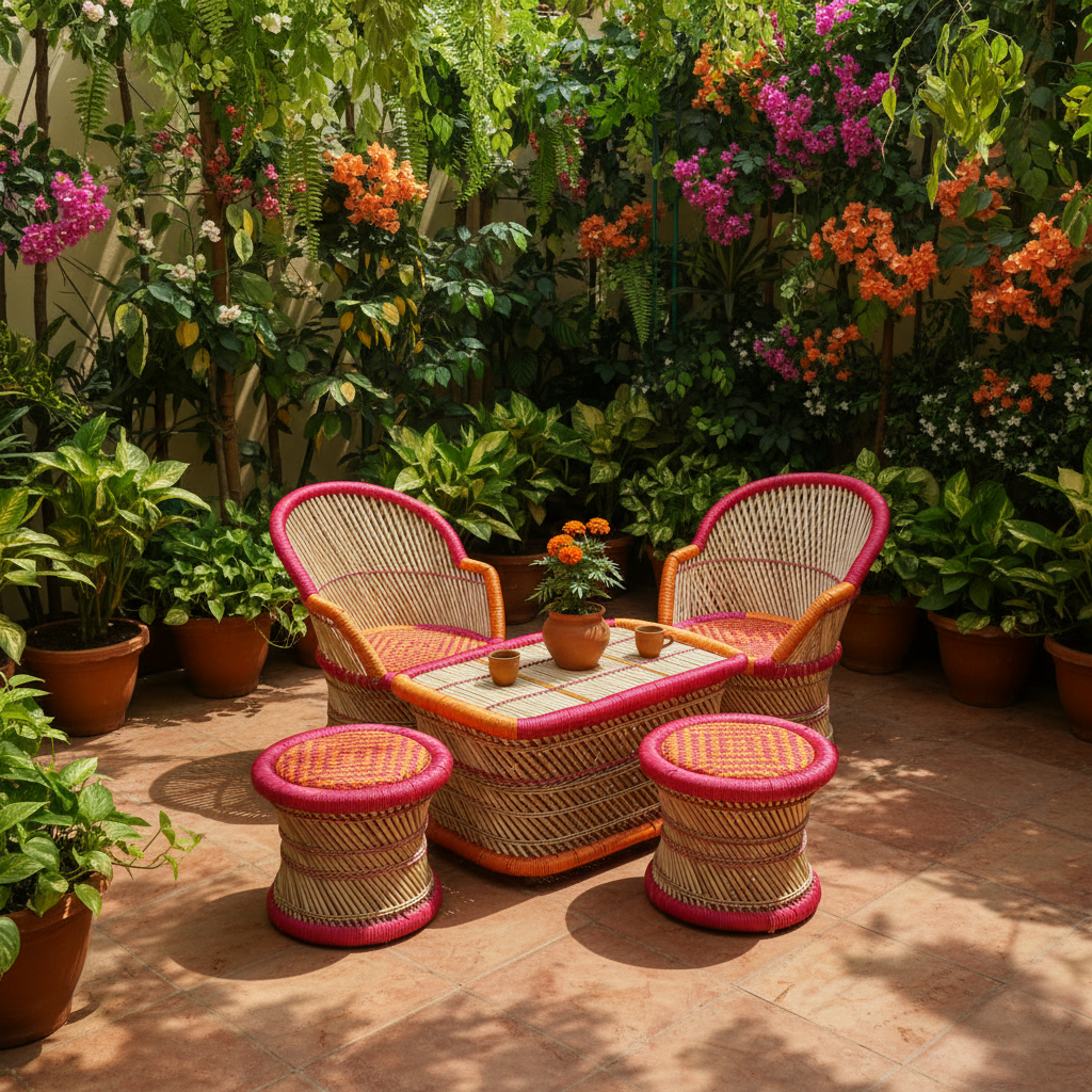 Bamboo Mudda Chair Set with Table Full Size