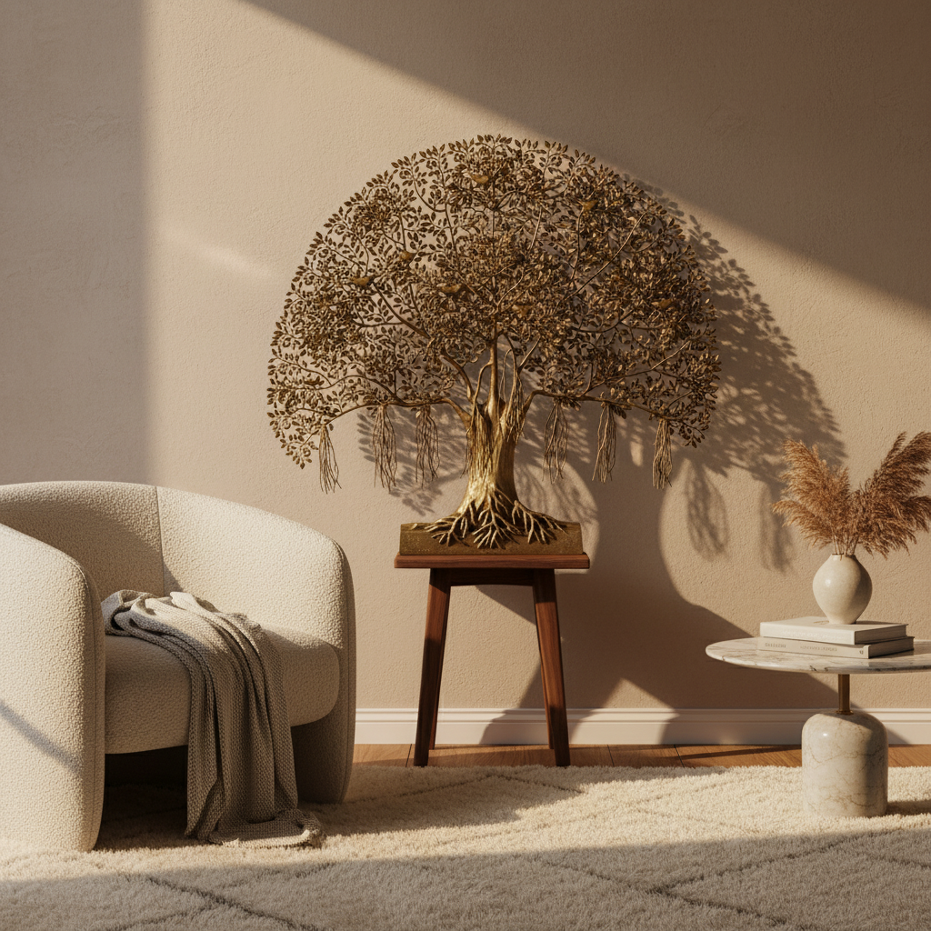 Decorative tree sculpture on a stand in a living room setting with a beige armchair and side table.
