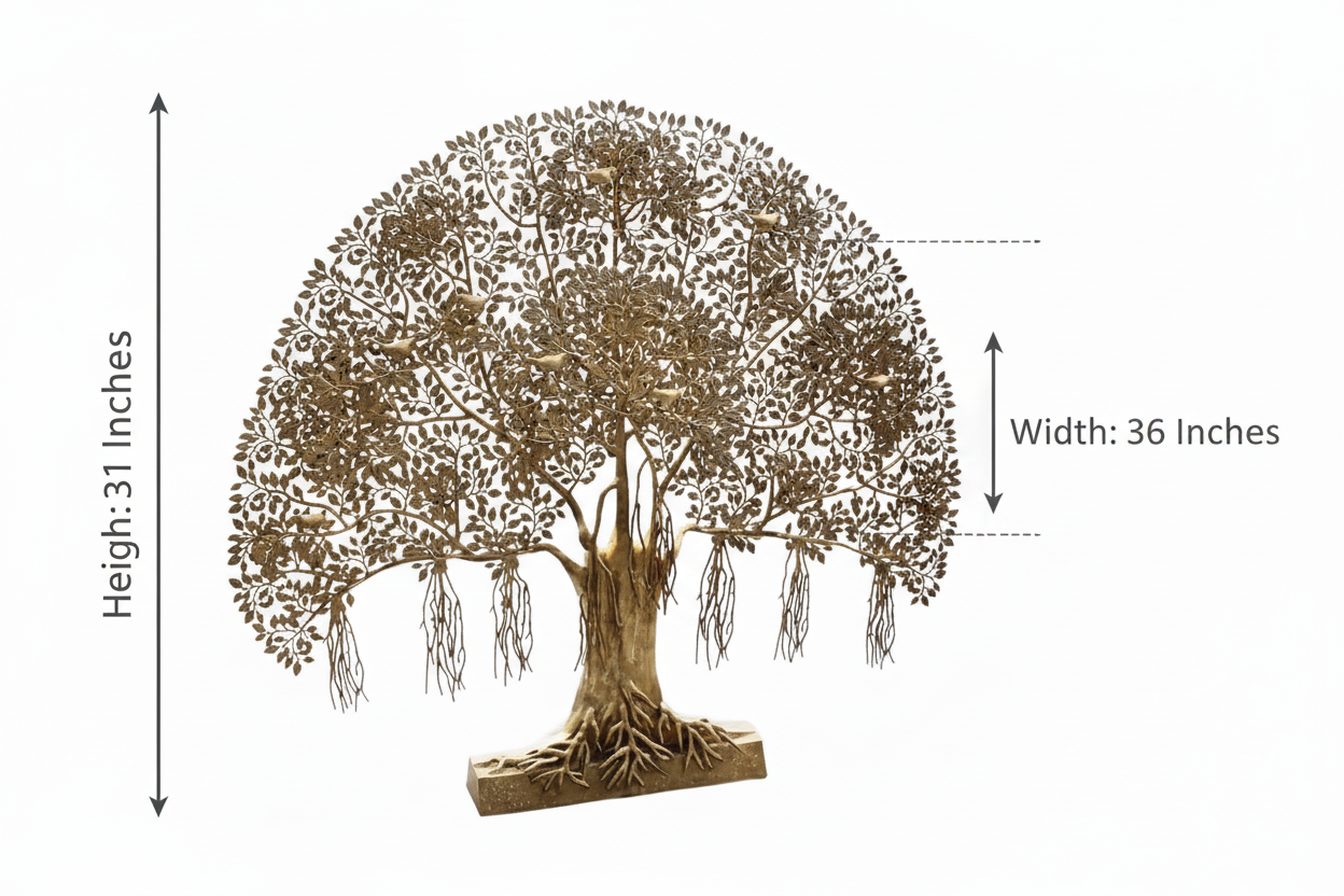 Decorative metal tree sculpture with dimensions indicated on a white background