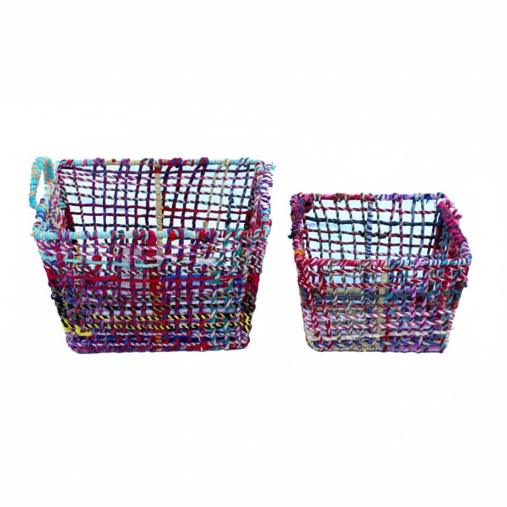Two colorful woven baskets on a white background