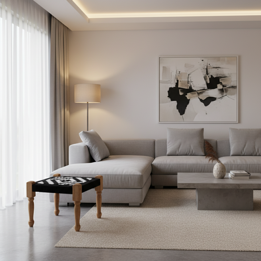 Modern living room with a gray sectional sofa, abstract art, and decorative items.