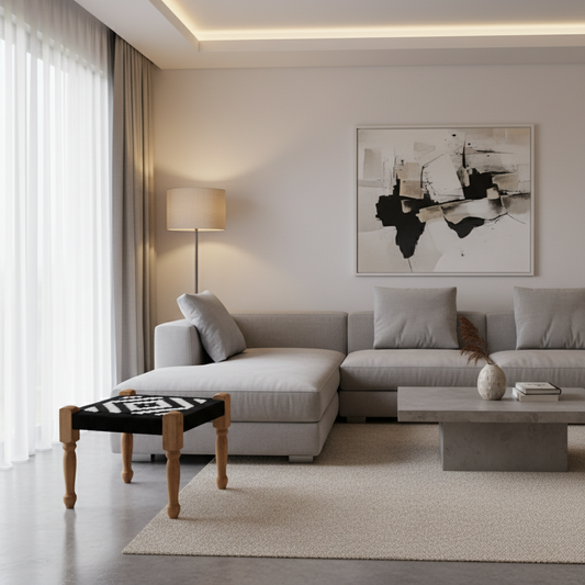 16-inch Black White Wooden Low Stool Hemp Rope